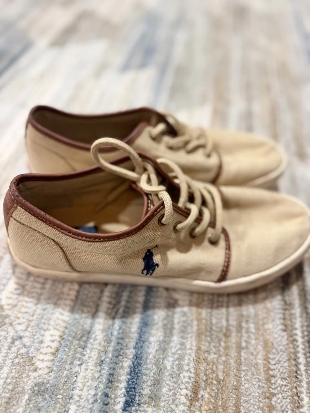 Polo by Ralph Lauren Tan Canvas Boat Shoes with Brown Trim